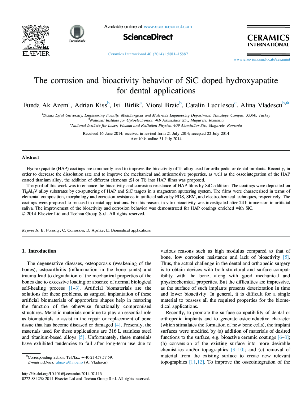 The corrosion and bioactivity behavior of SiC doped hydroxyapatite for dental applications