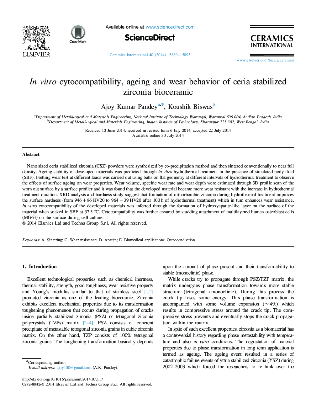In vitro cytocompatibility, ageing and wear behavior of ceria stabilized zirconia bioceramic