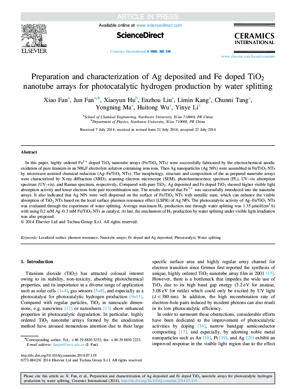 Preparation and characterization of Ag deposited and Fe doped TiO2 nanotube arrays for photocatalytic hydrogen production by water splitting