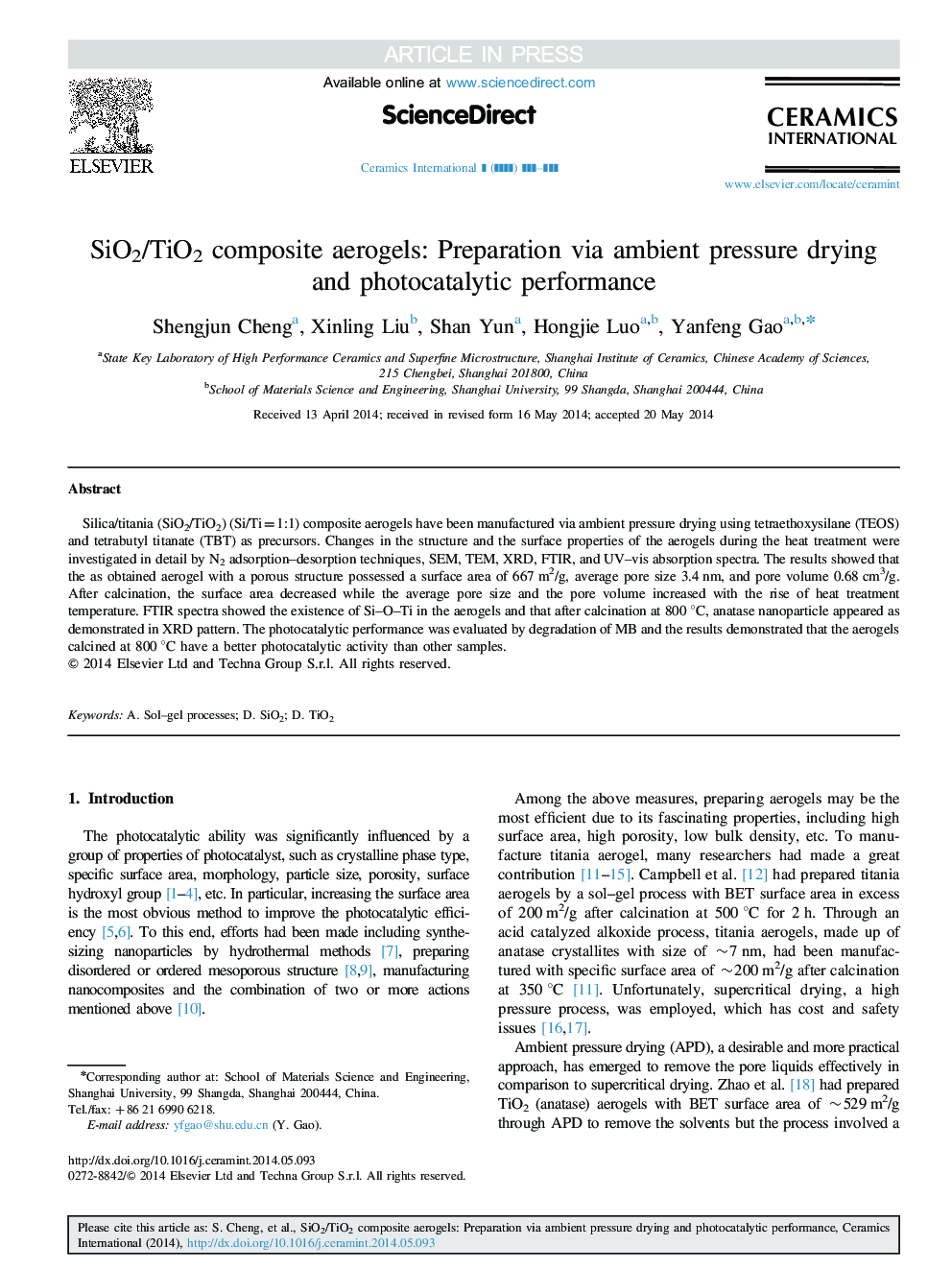 SiO2/TiO2 composite aerogels: Preparation via ambient pressure drying and photocatalytic performance