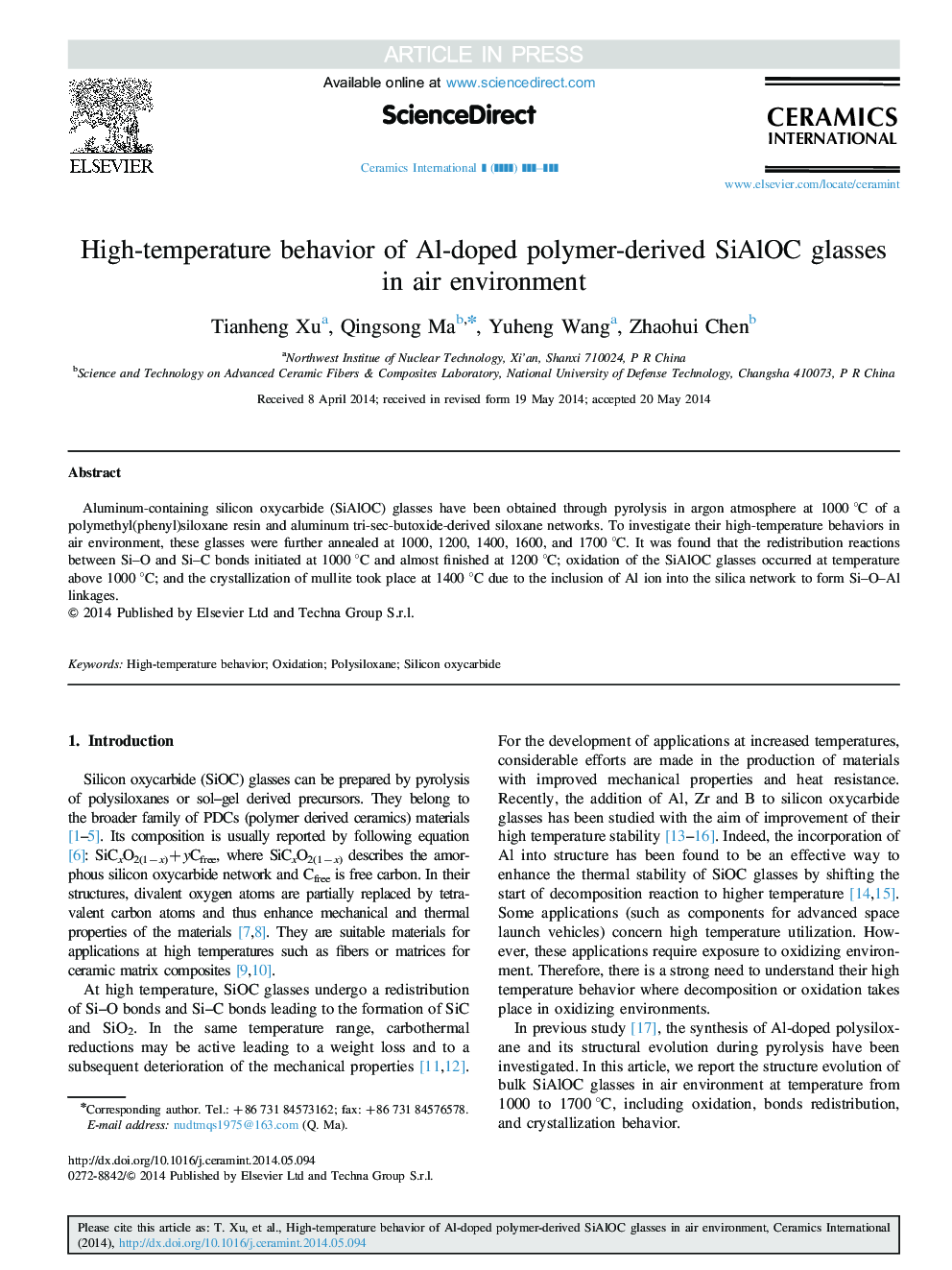 High-temperature behavior of Al-doped polymer-derived SiAlOC glasses in air environment