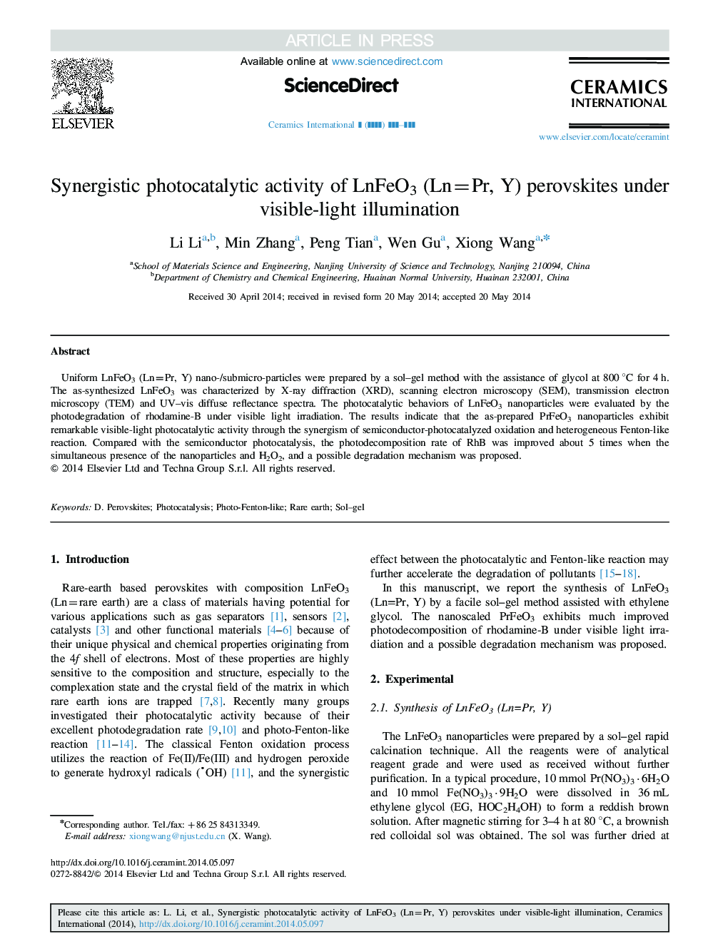 Synergistic photocatalytic activity of LnFeO3 (Ln=Pr, Y) perovskites under visible-light illumination