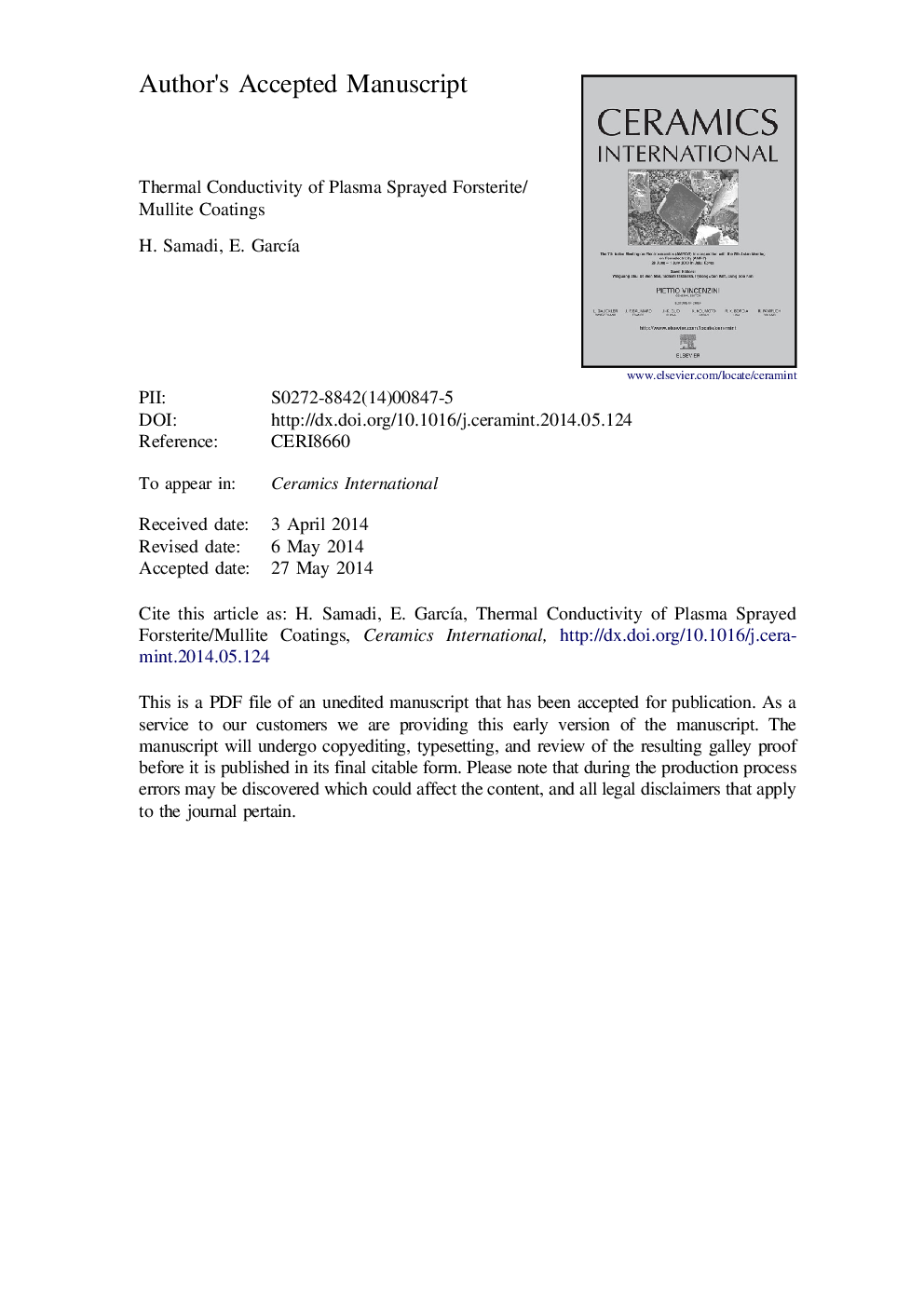 Thermal conductivity of plasma sprayed forsterite/mullite coatings