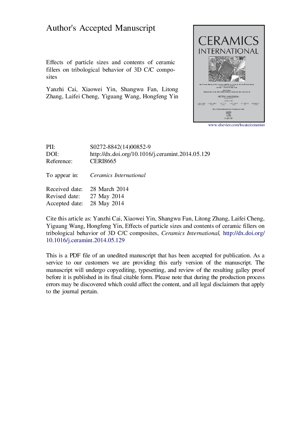 Effects of particle sizes and contents of ceramic fillers on tribological behavior of 3D C/C composites