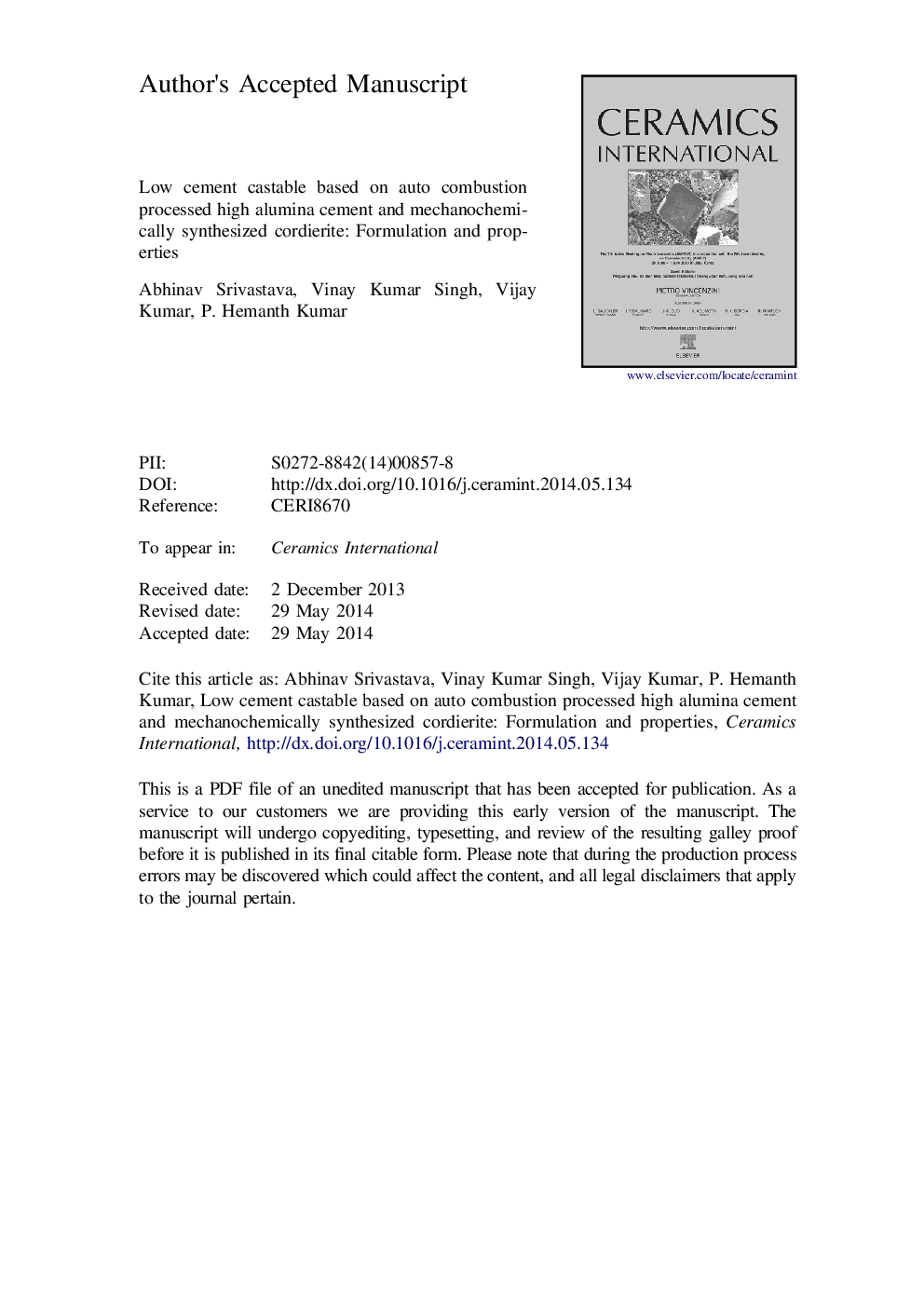 Low cement castable based on auto combustion processed high alumina cement and mechanochemically synthesized cordierite: Formulation and properties