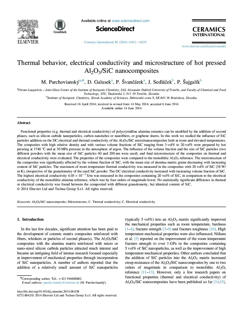 Thermal behavior, electrical conductivity and microstructure of hot pressed Al2O3/SiC nanocomposites