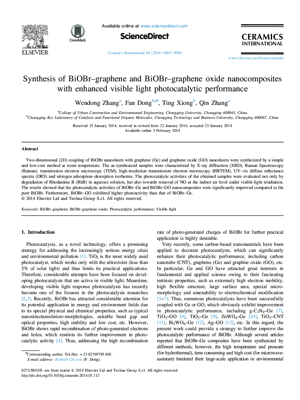 Synthesis of BiOBr-graphene and BiOBr-graphene oxide nanocomposites with enhanced visible light photocatalytic performance