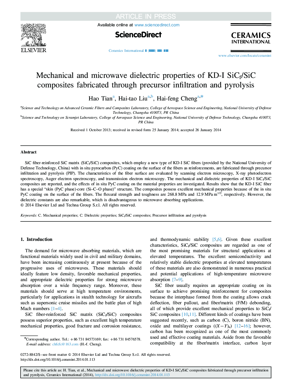 Mechanical and microwave dielectric properties of KD-I SiCf/SiC composites fabricated through precursor infiltration and pyrolysis
