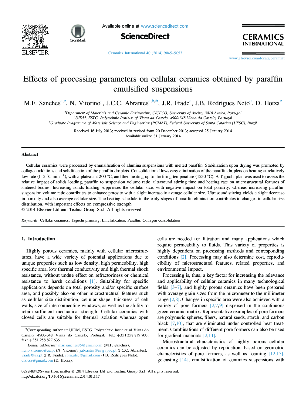 Effects of processing parameters on cellular ceramics obtained by paraffin emulsified suspensions