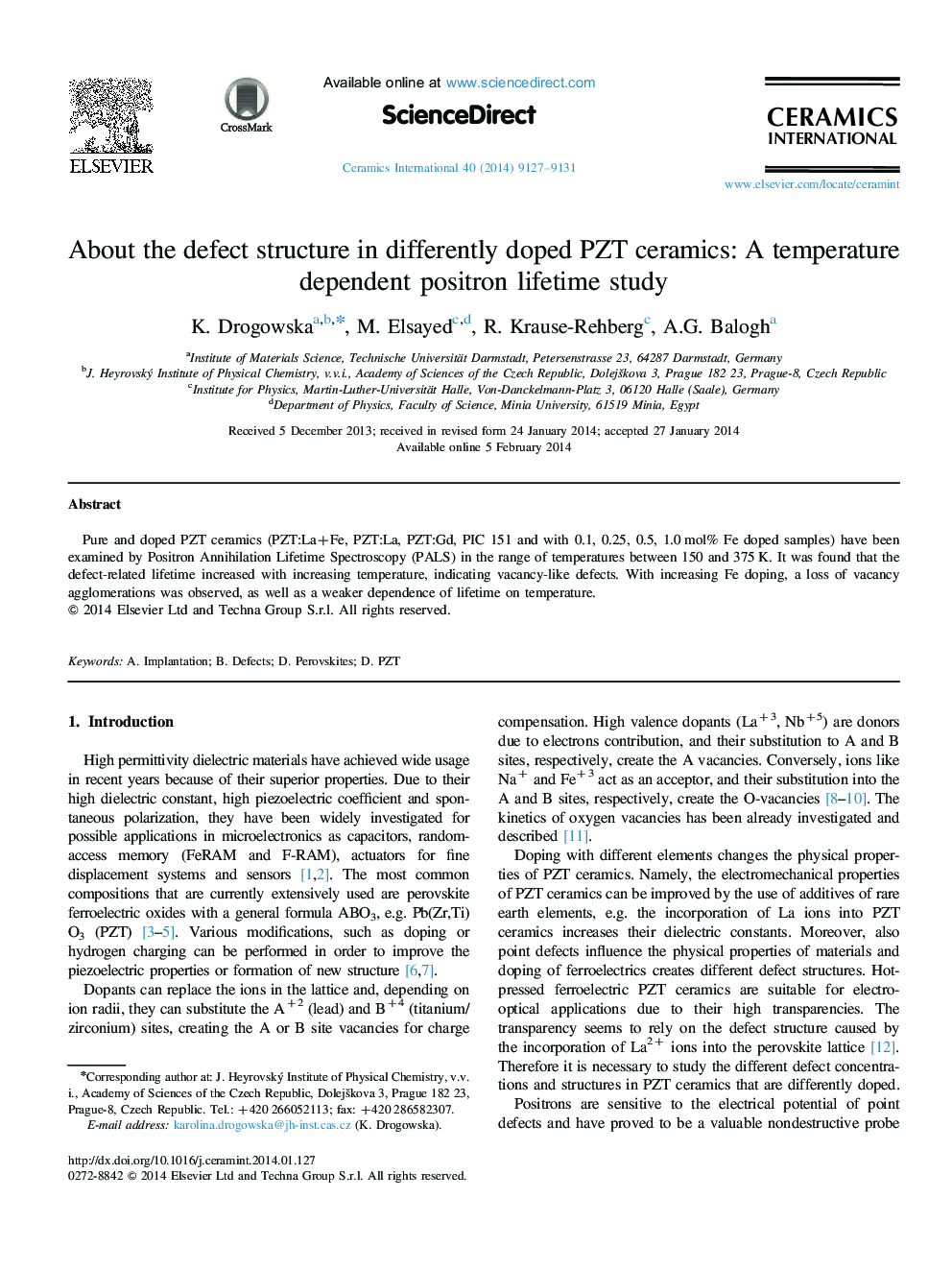 About the defect structure in differently doped PZT ceramics: A temperature dependent positron lifetime study