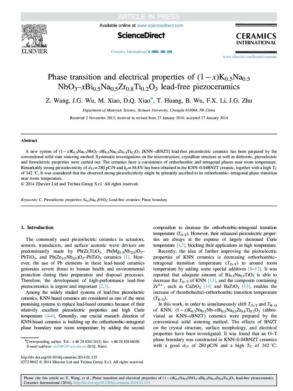 Phase transition and electrical properties of (1âx)K0.5Na0.5NbO3-xBi0.5Na0.5Zr0.8Ti0.2O3 lead-free piezoceramics