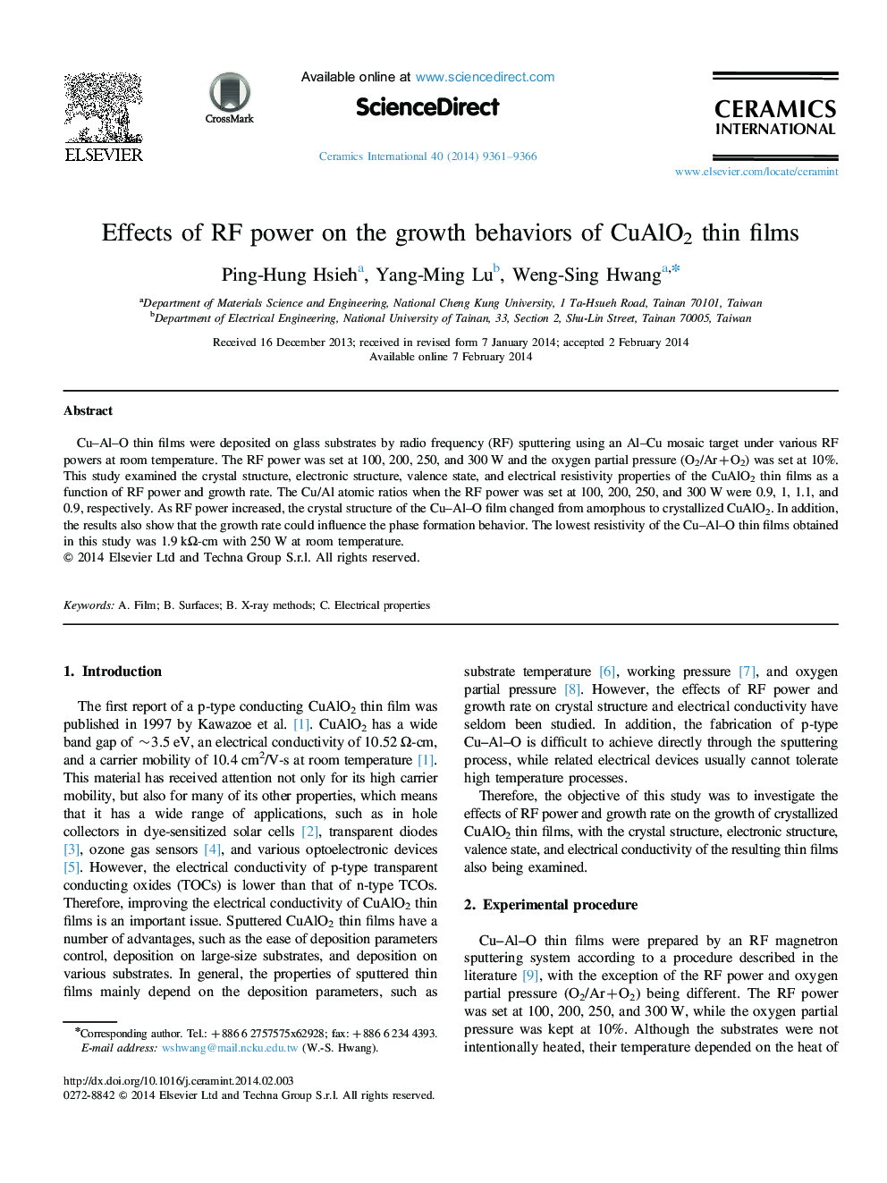 Effects of RF power on the growth behaviors of CuAlO2 thin films