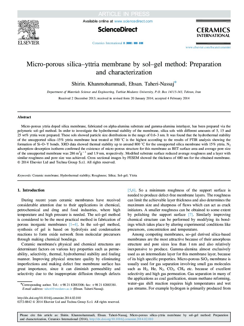 Micro-porous silica-yttria membrane by sol-gel method: Preparation and characterization