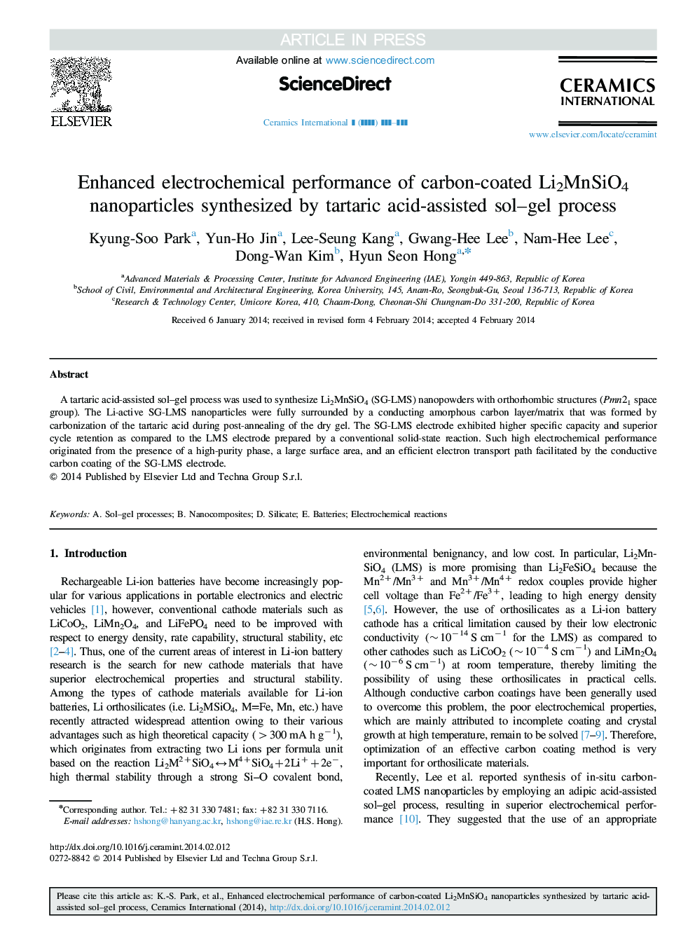 Enhanced electrochemical performance of carbon-coated Li2MnSiO4 nanoparticles synthesized by tartaric acid-assisted sol-gel process