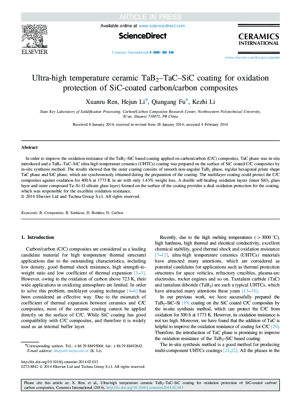 Ultra-high temperature ceramic TaB2-TaC-SiC coating for oxidation protection of SiC-coated carbon/carbon composites