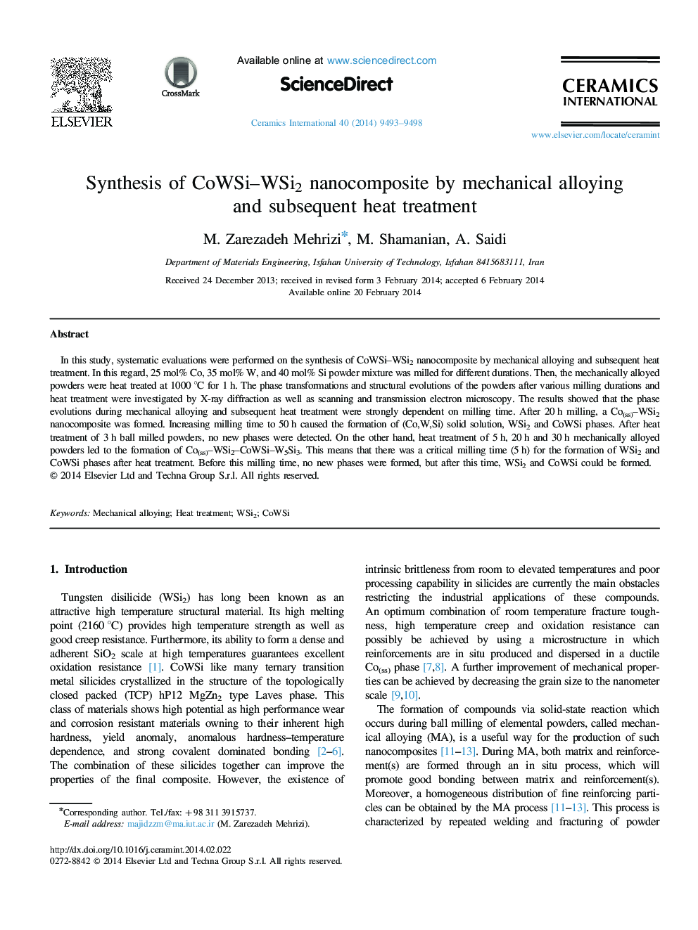 Synthesis of CoWSi-WSi2 nanocomposite by mechanical alloying and subsequent heat treatment