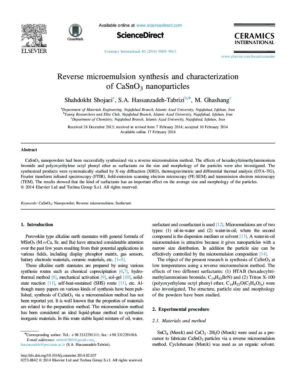 Reverse microemulsion synthesis and characterization of CaSnO3 nanoparticles