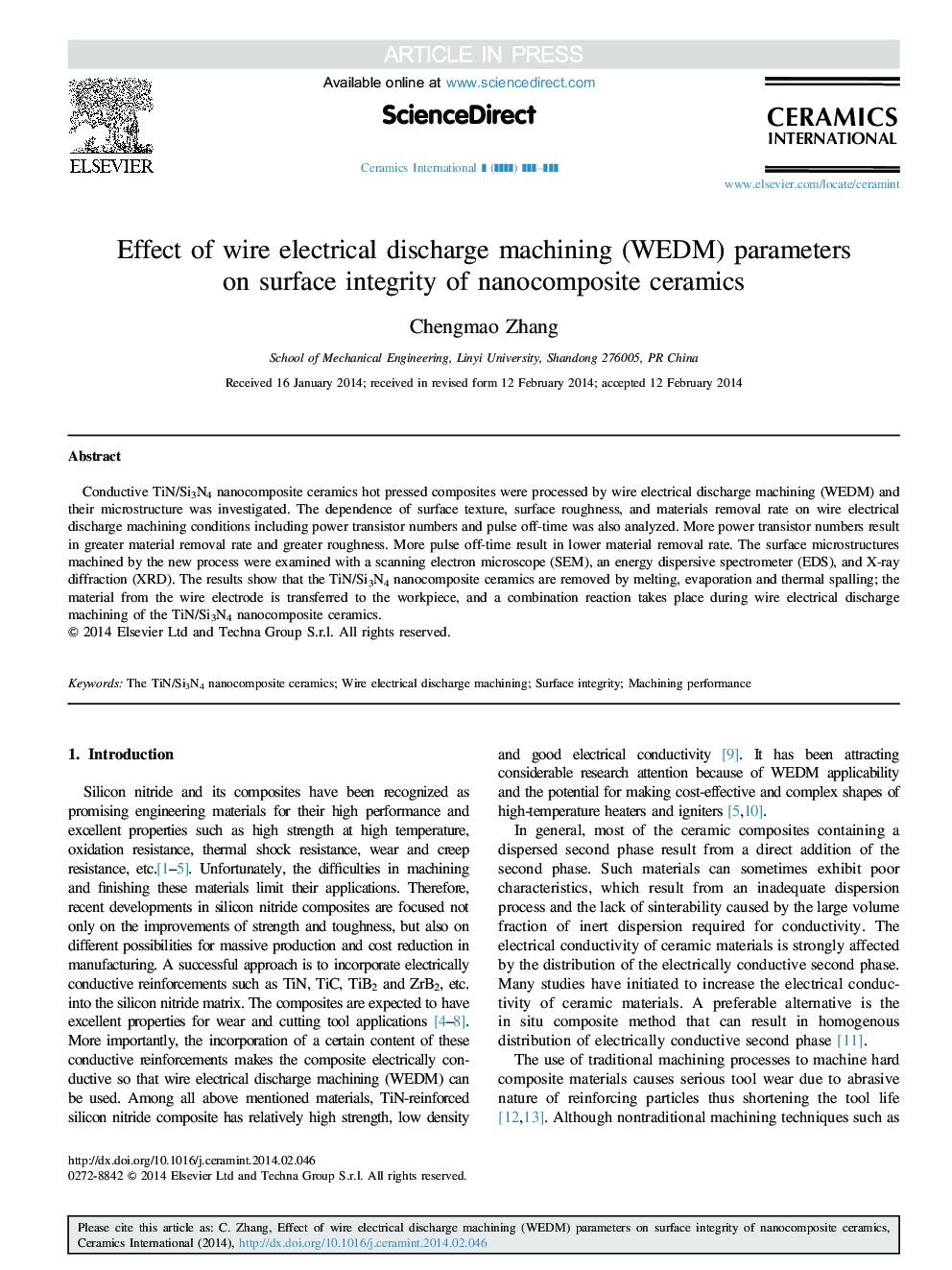 Effect of wire electrical discharge machining (WEDM) parameters on surface integrity of nanocomposite ceramics