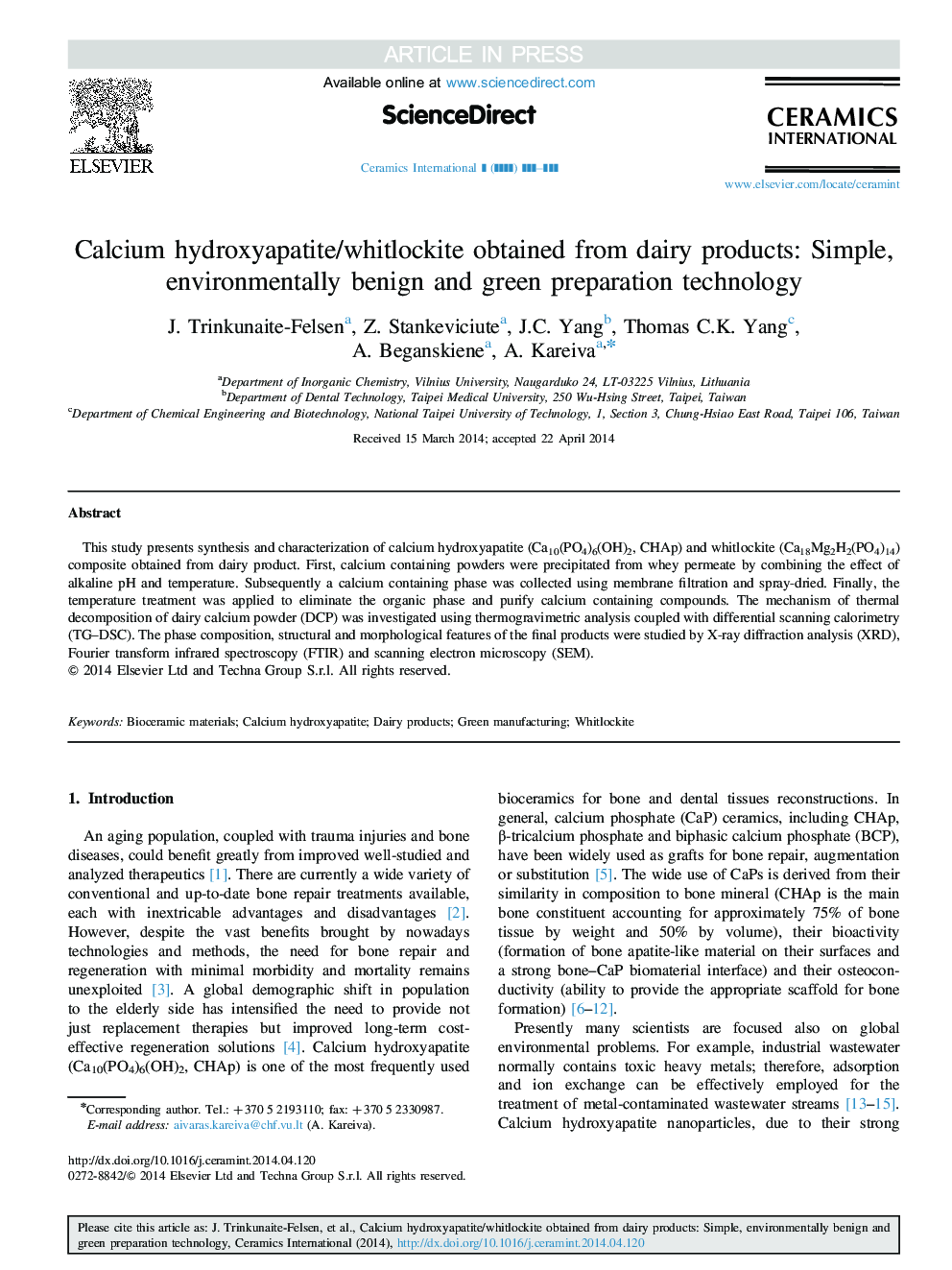 Calcium hydroxyapatite/whitlockite obtained from dairy products: Simple, environmentally benign and green preparation technology