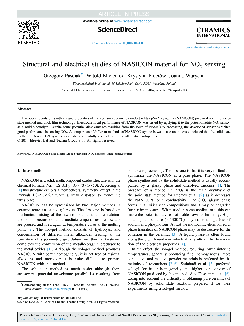 Structural and electrical studies of NASICON material for NOx sensing