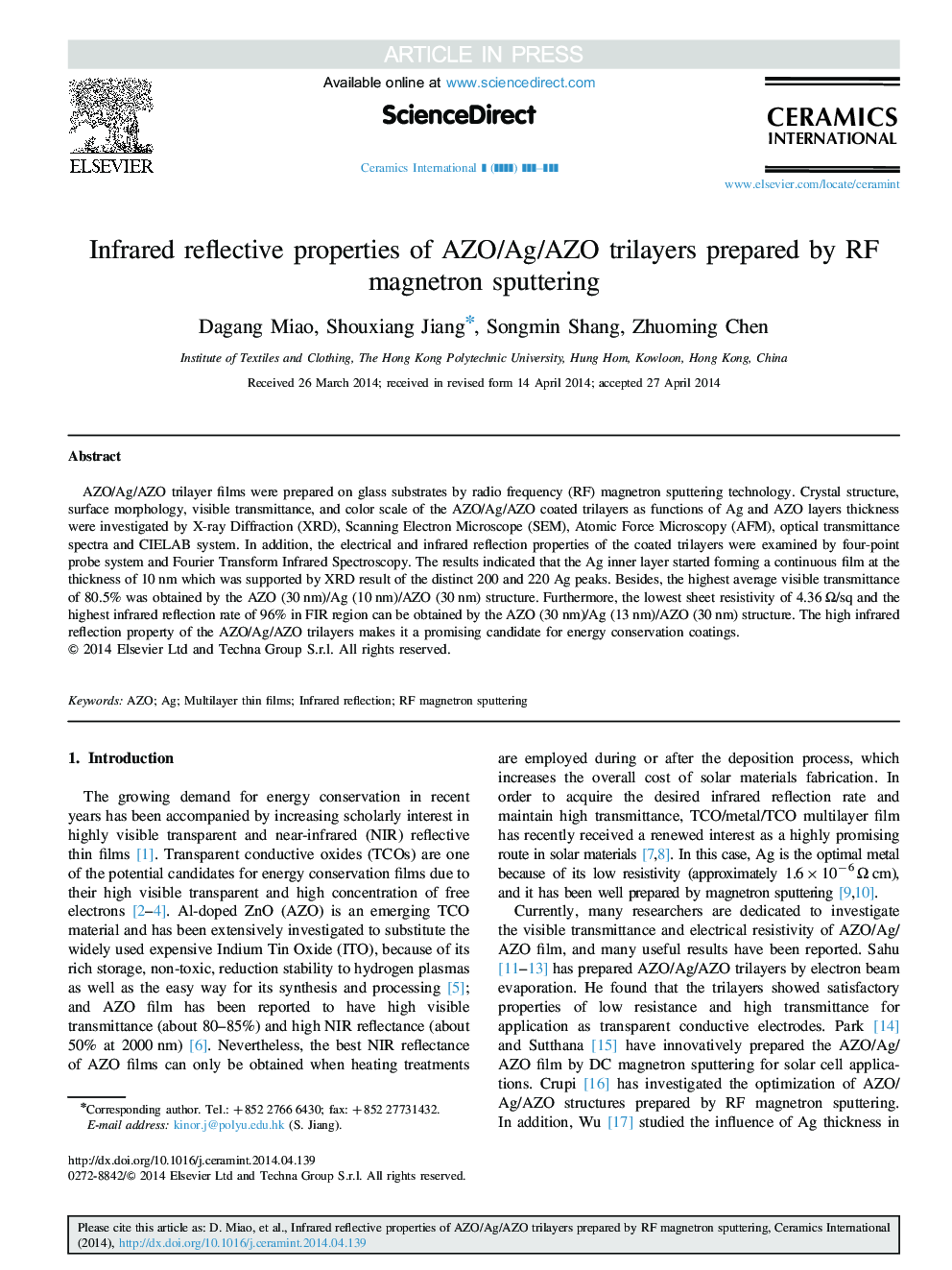 Infrared reflective properties of AZO/Ag/AZO trilayers prepared by RF magnetron sputtering