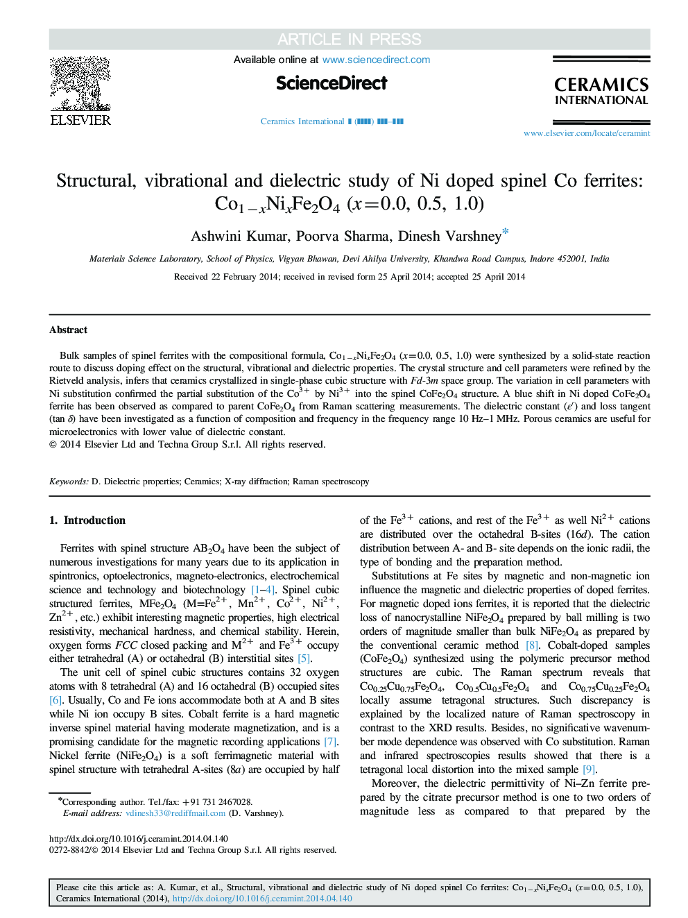 Structural, vibrational and dielectric study of Ni doped spinel Co ferrites: Co1âxNixFe2O4 (x=0.0, 0.5, 1.0)