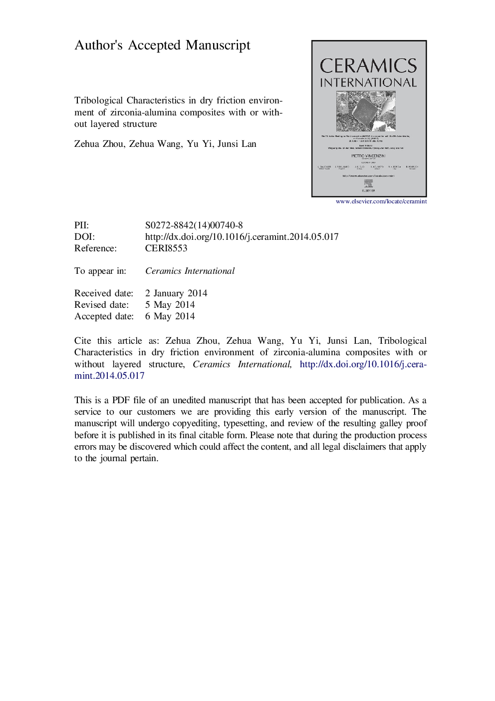 Tribological characteristics in dry friction environment of Zirconia-Alumina composites with or without layered structure