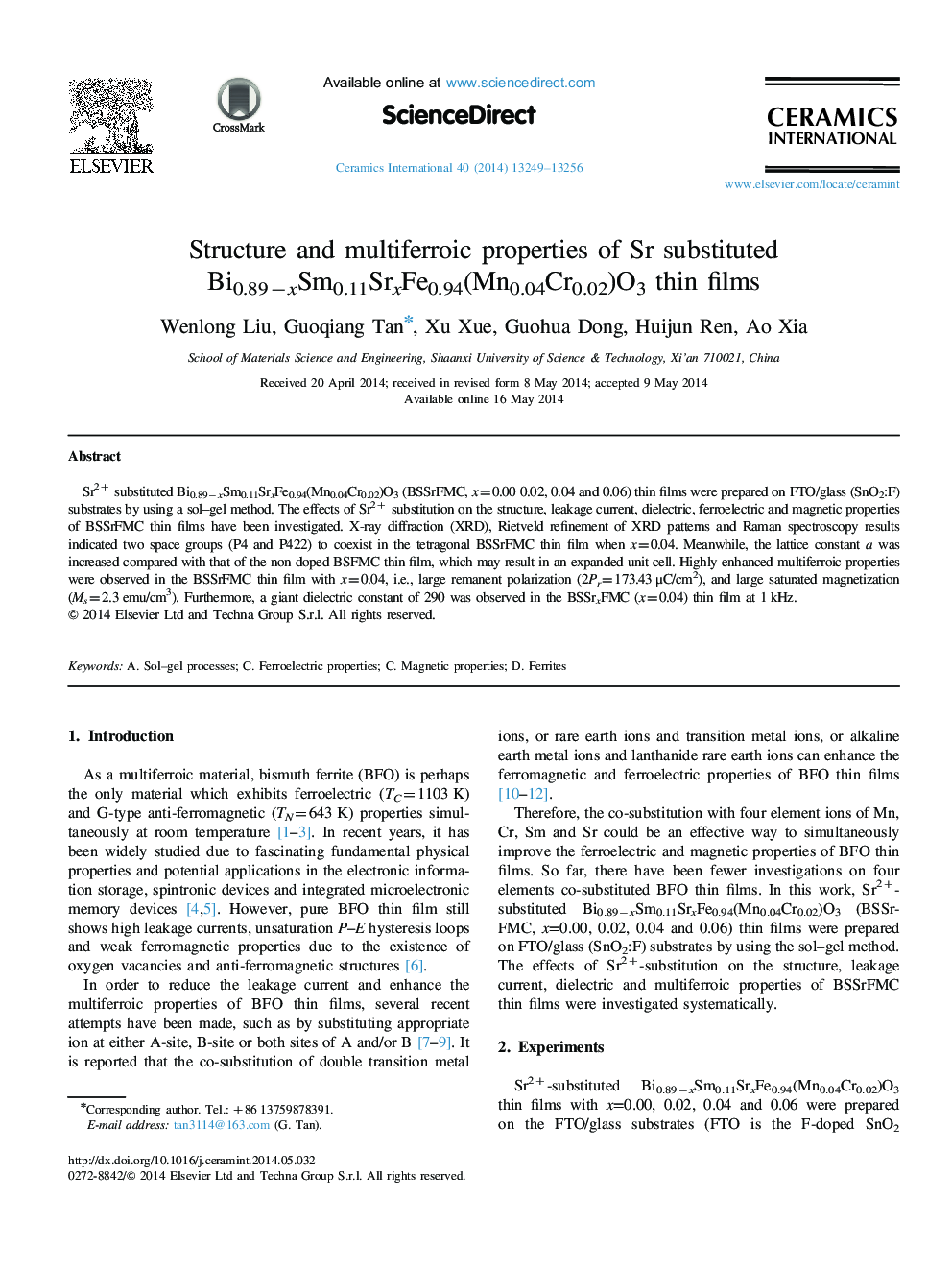 Structure and multiferroic properties of Sr substituted Bi0.89âxSm0.11SrxFe0.94(Mn0.04Cr0.02)O3 thin films