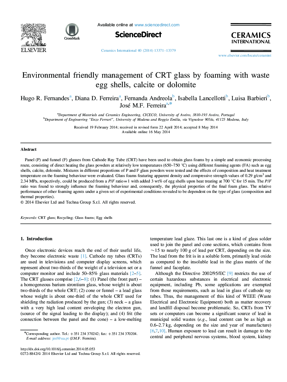 Environmental friendly management of CRT glass by foaming with waste egg shells, calcite or dolomite