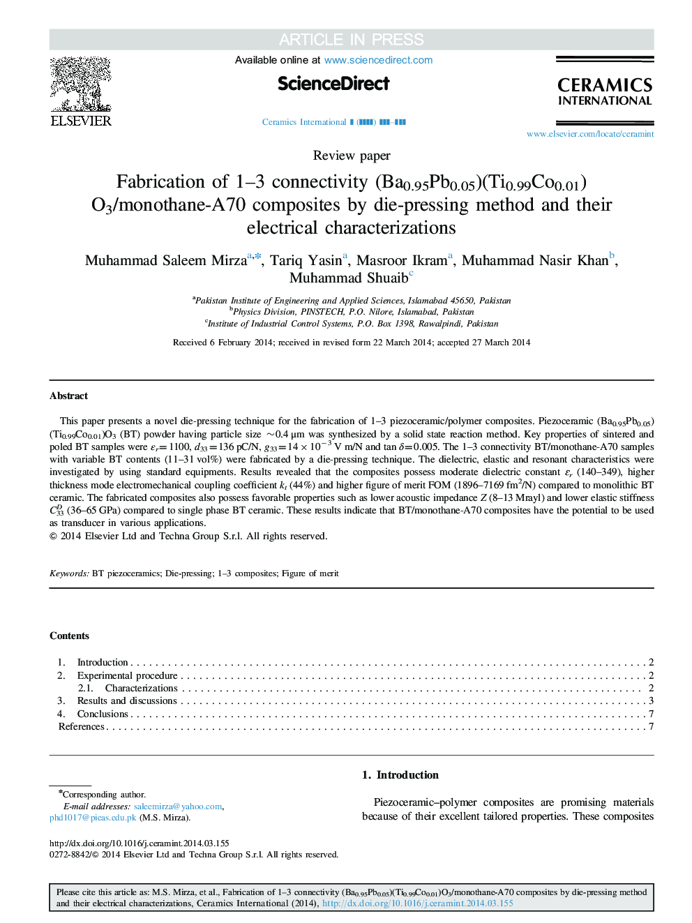 Fabrication of 1-3 connectivity (Ba0.95Pb0.05)(Ti0.99Co0.01)O3/monothane-A70 composites by die-pressing method and their electrical characterizations