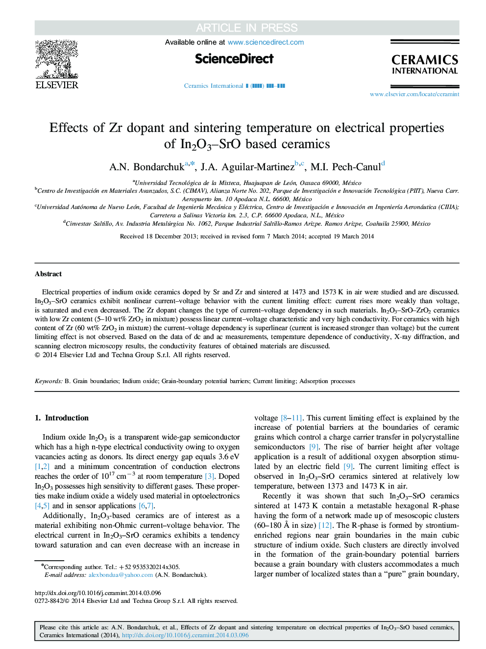 Effects of Zr dopant and sintering temperature on electrical properties of In2O3-SrO based ceramics