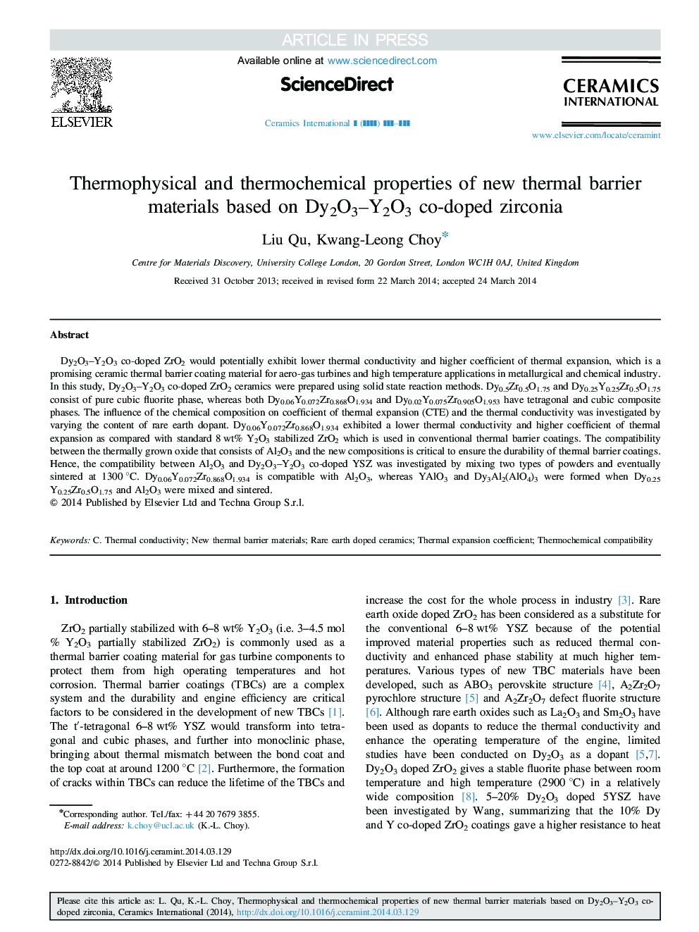 Thermophysical and thermochemical properties of new thermal barrier materials based on Dy2O3-Y2O3 co-doped zirconia