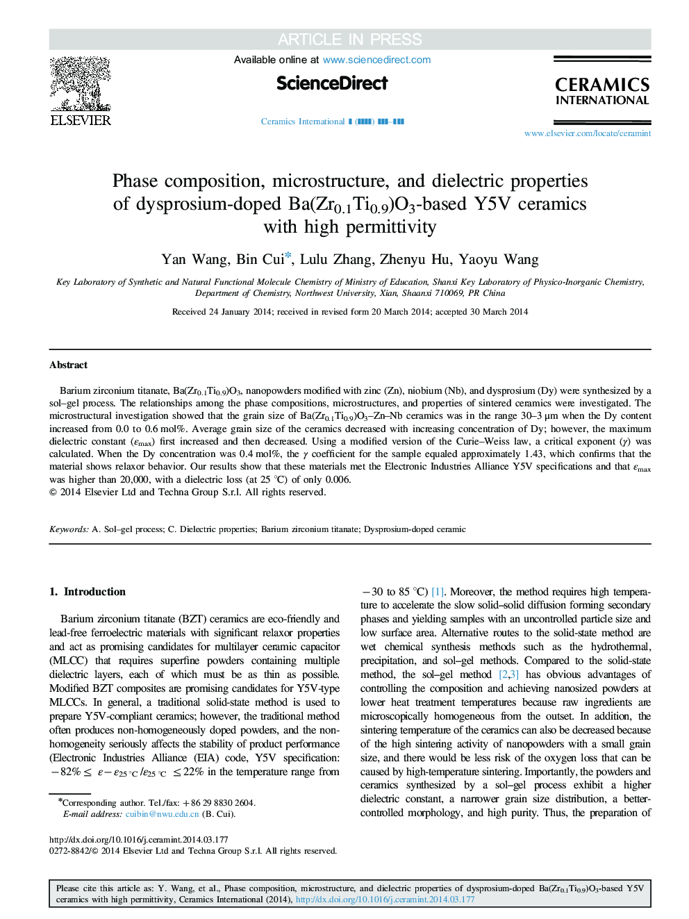 Phase composition, microstructure, and dielectric properties of dysprosium-doped Ba(Zr0.1Ti0.9)O3-based Y5V ceramics with high permittivity