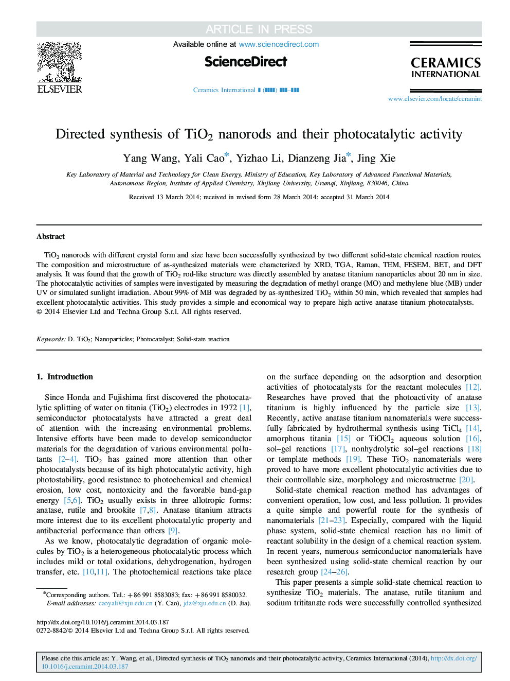 Directed synthesis of TiO2 nanorods and their photocatalytic activity