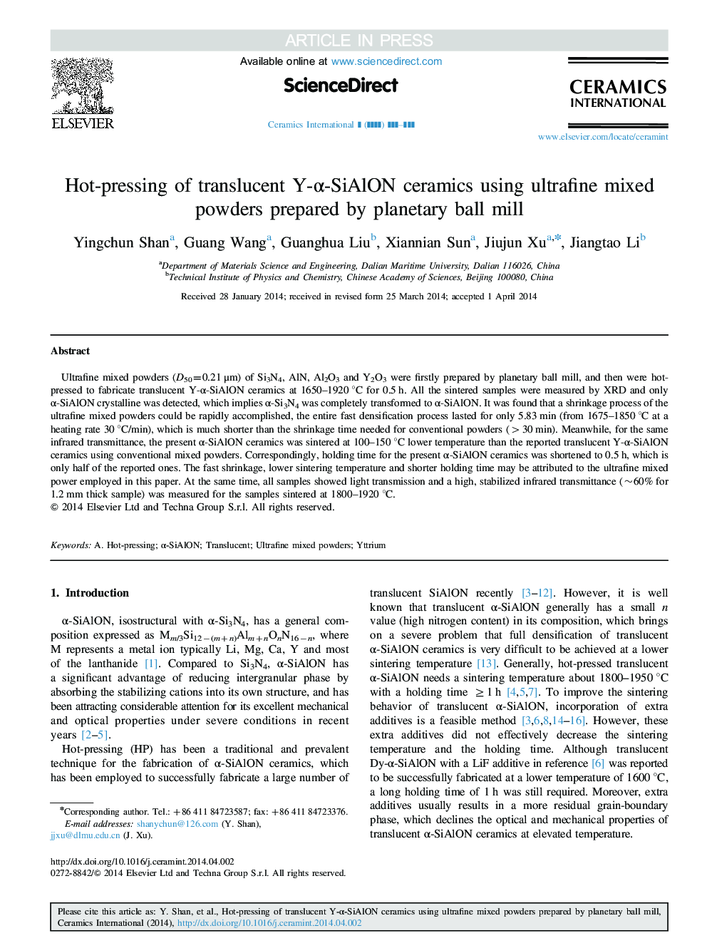 Hot-pressing of translucent Y-Î±-SiAlON ceramics using ultrafine mixed powders prepared by planetary ball mill