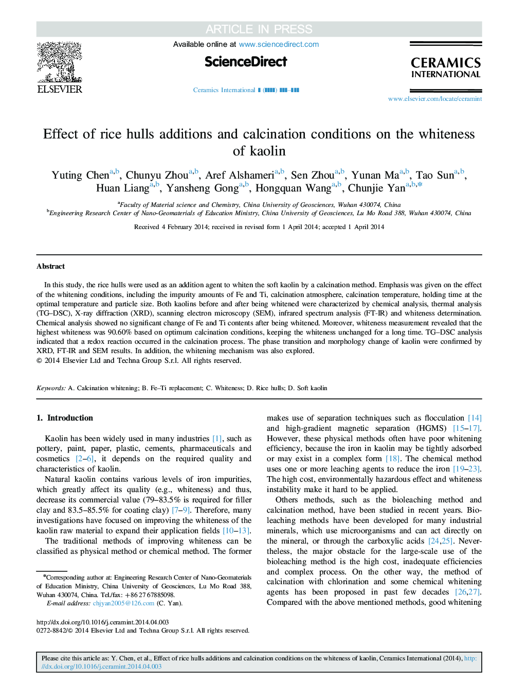 Effect of rice hulls additions and calcination conditions on the whiteness of kaolin