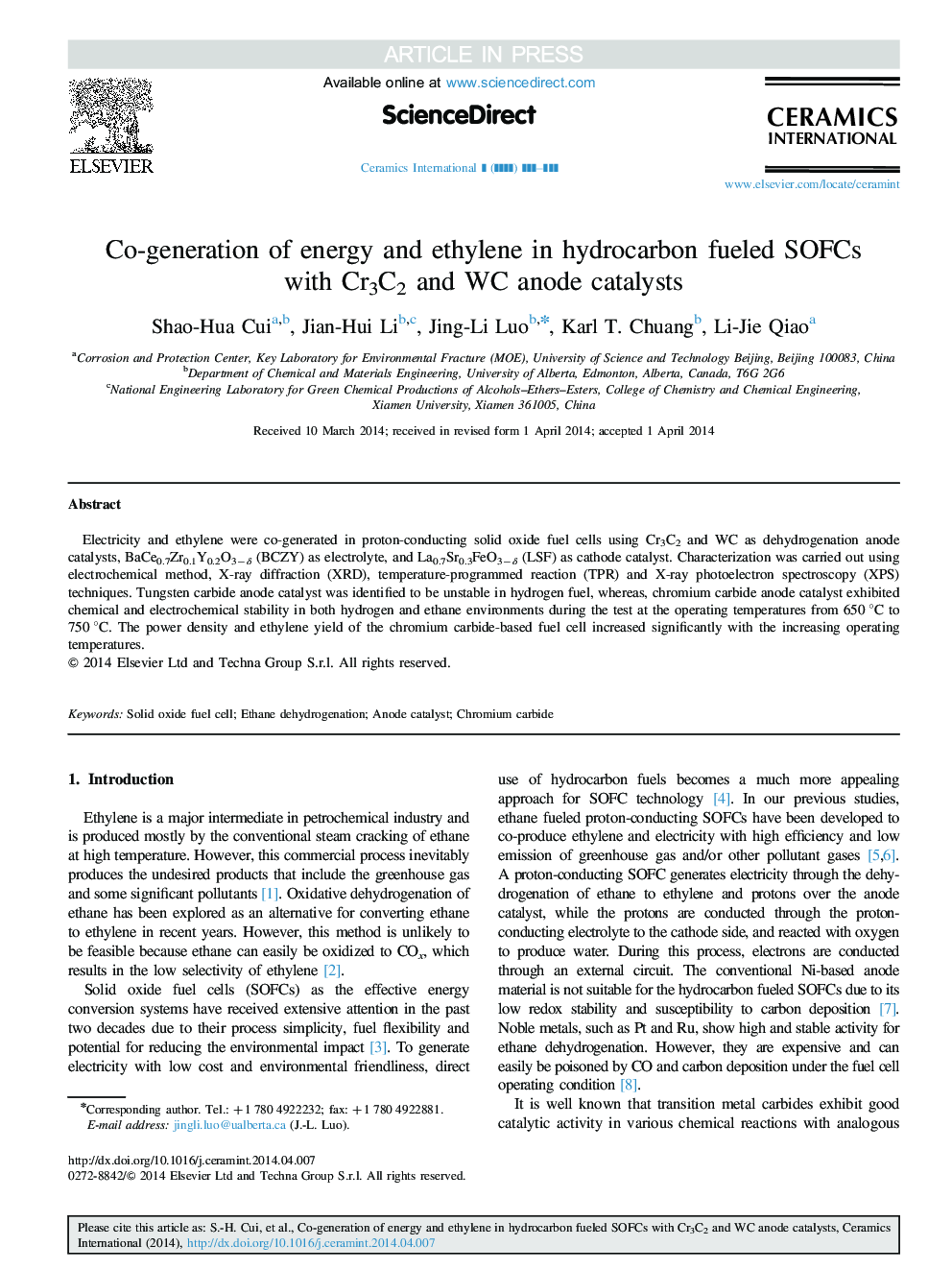 Co-generation of energy and ethylene in hydrocarbon fueled SOFCs with Cr3C2 and WC anode catalysts