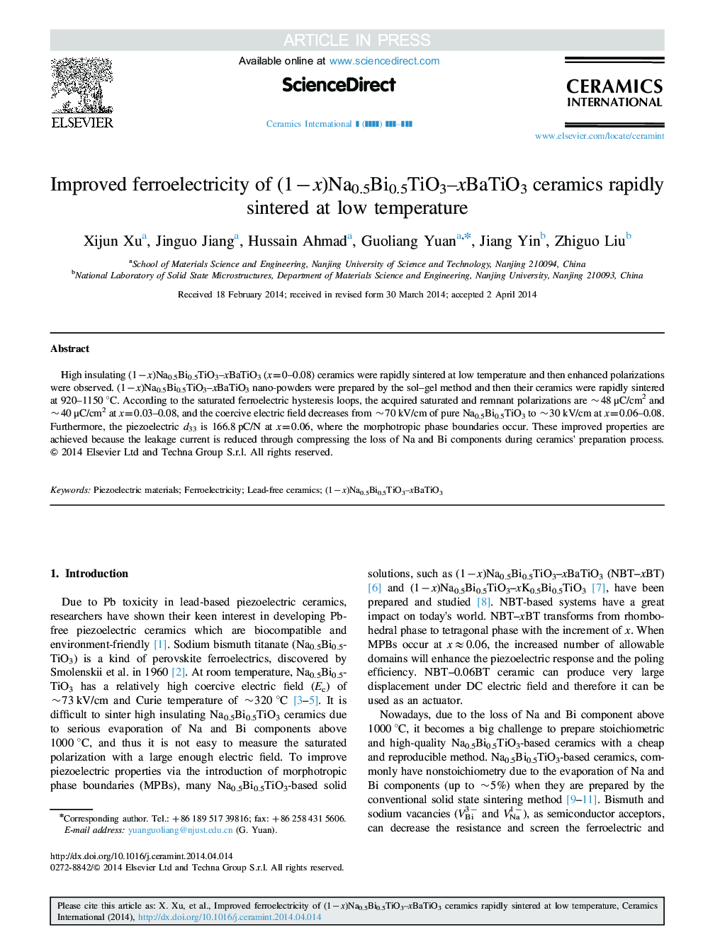 Improved ferroelectricity of (1âx)Na0.5Bi0.5TiO3-xBaTiO3 ceramics rapidly sintered at low temperature