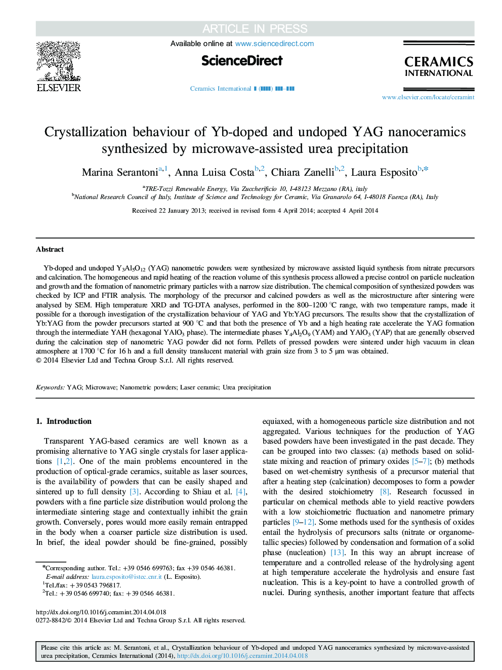 Crystallization behaviour of Yb-doped and undoped YAG nanoceramics synthesized by microwave-assisted urea precipitation