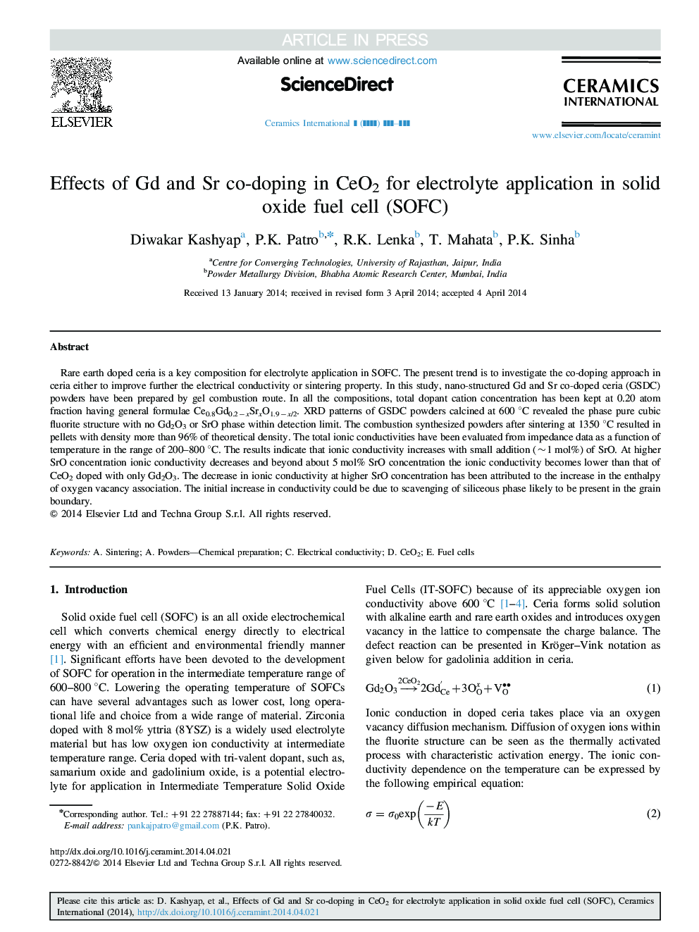 Effects of Gd and Sr co-doping in CeO2 for electrolyte application in solid oxide fuel cell (SOFC)