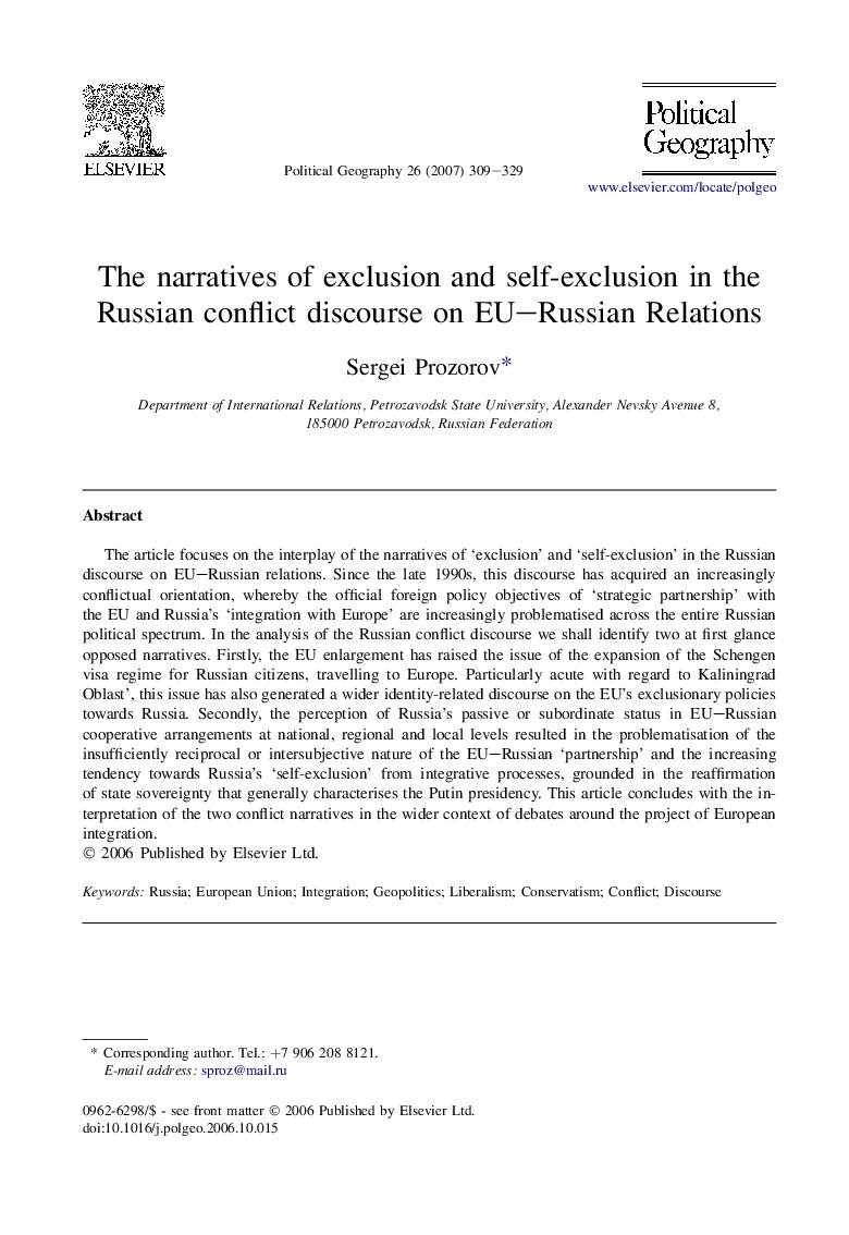 The narratives of exclusion and self-exclusion in the Russian conflict discourse on EU–Russian Relations