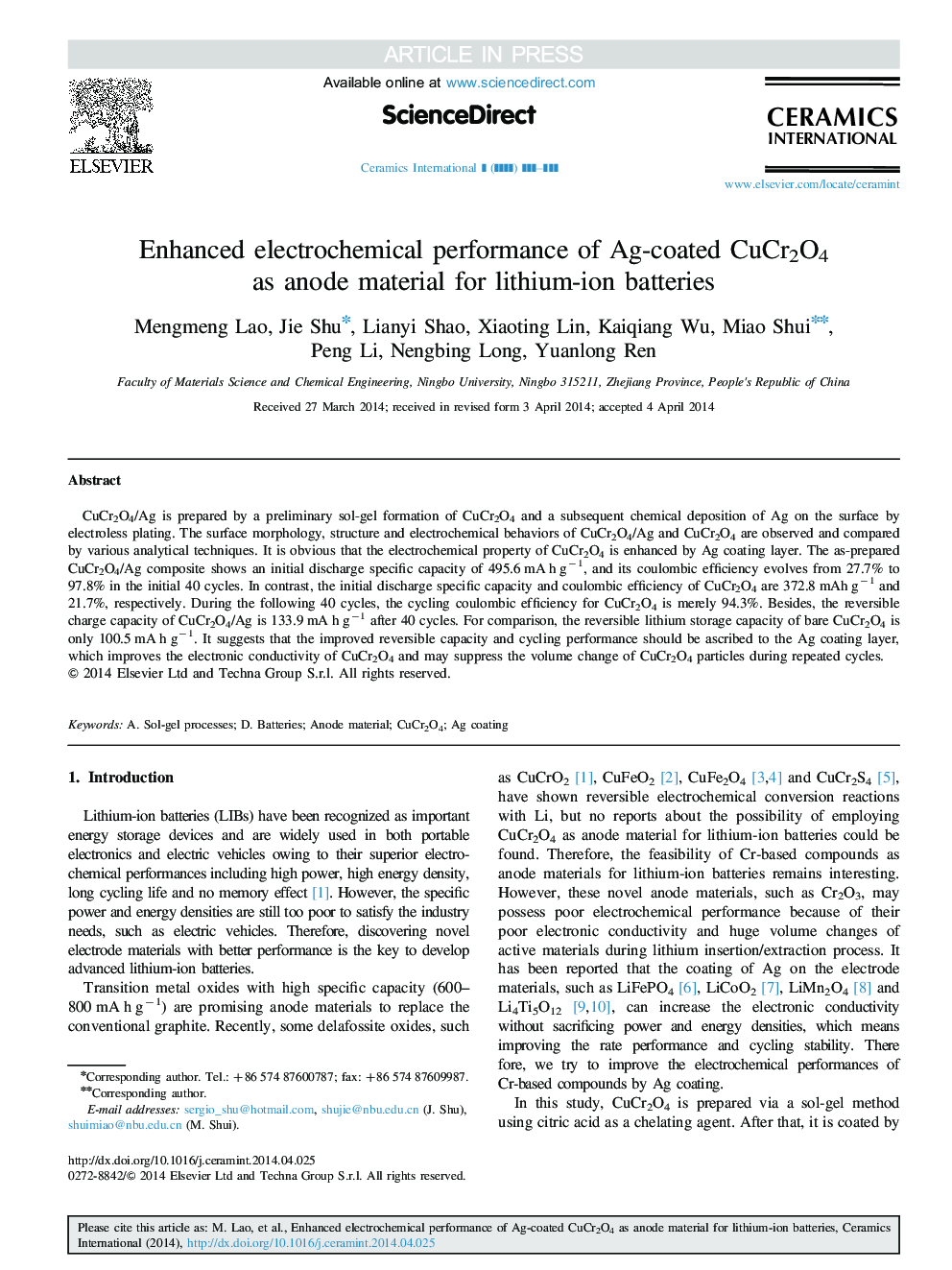 Enhanced electrochemical performance of Ag-coated CuCr2O4 as anode material for lithium-ion batteries