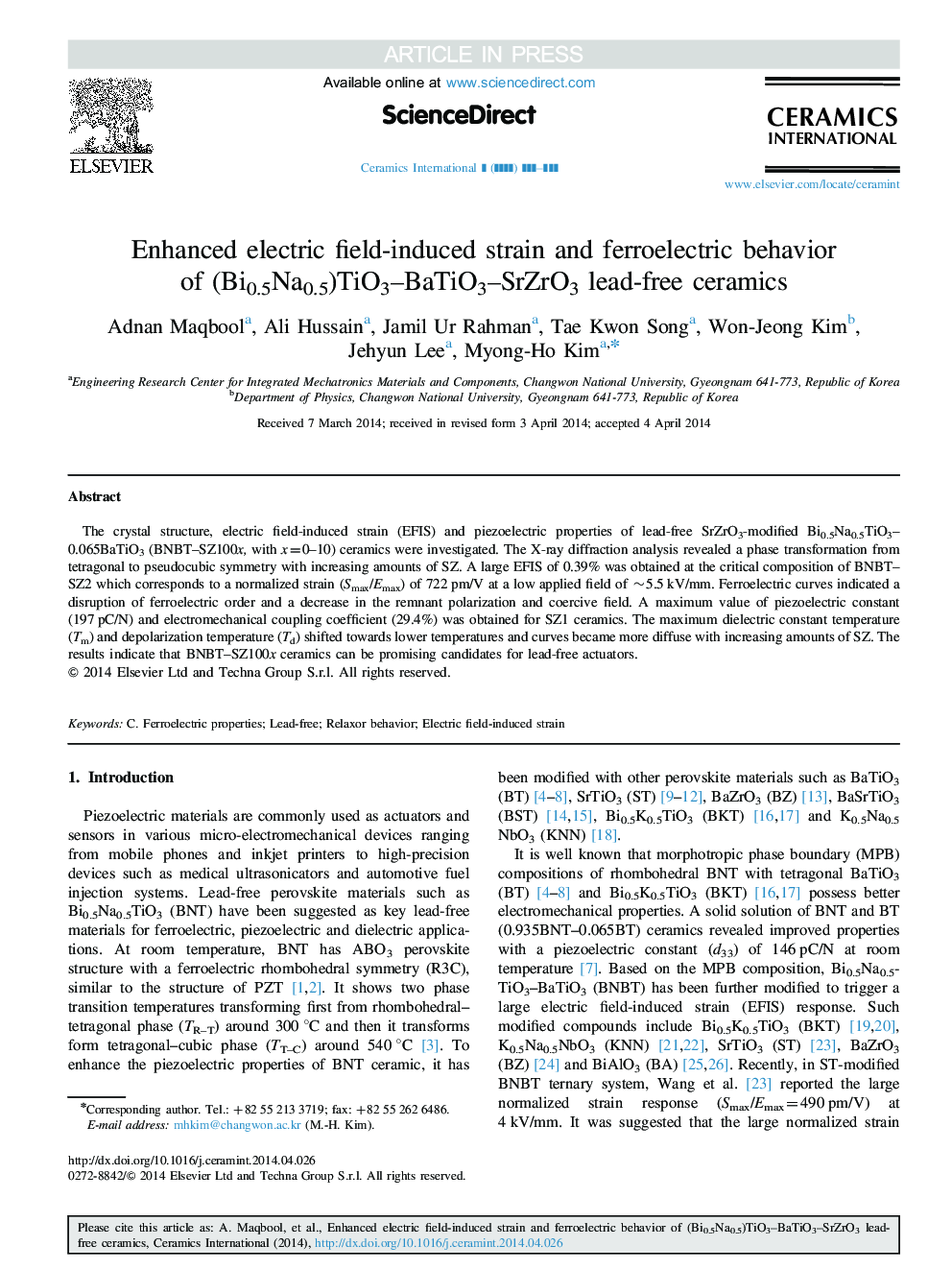 Enhanced electric field-induced strain and ferroelectric behavior of (Bi0.5Na0.5)TiO3-BaTiO3-SrZrO3 lead-free ceramics