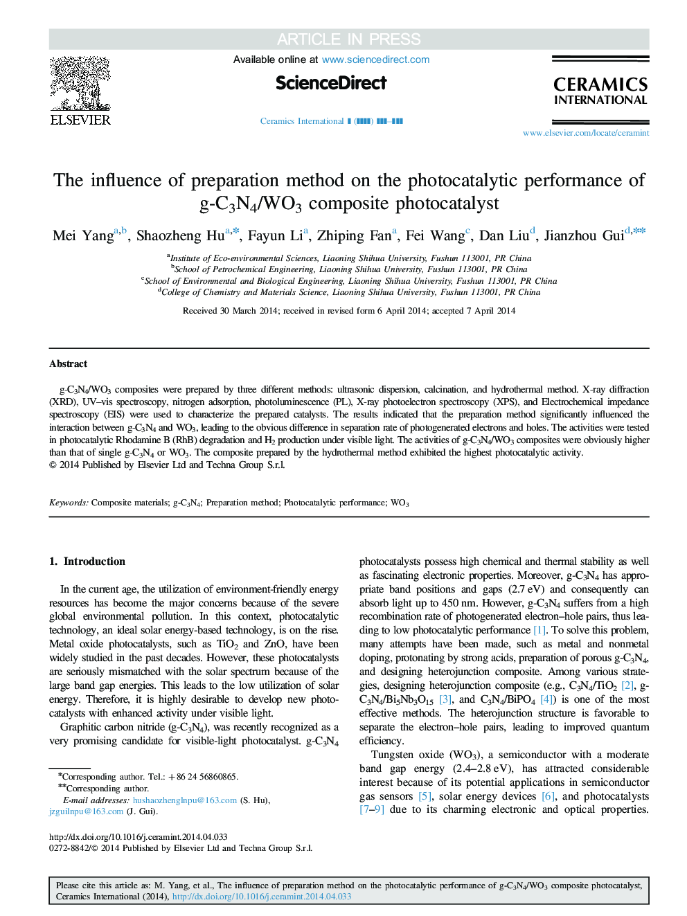 The influence of preparation method on the photocatalytic performance of g-C3N4/WO3 composite photocatalyst