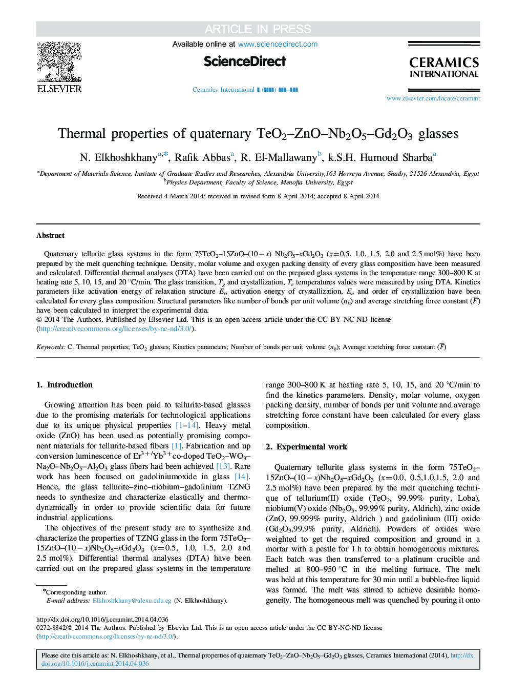 Thermal properties of quaternary TeO2-ZnO-Nb2O5-Gd2O3 glasses