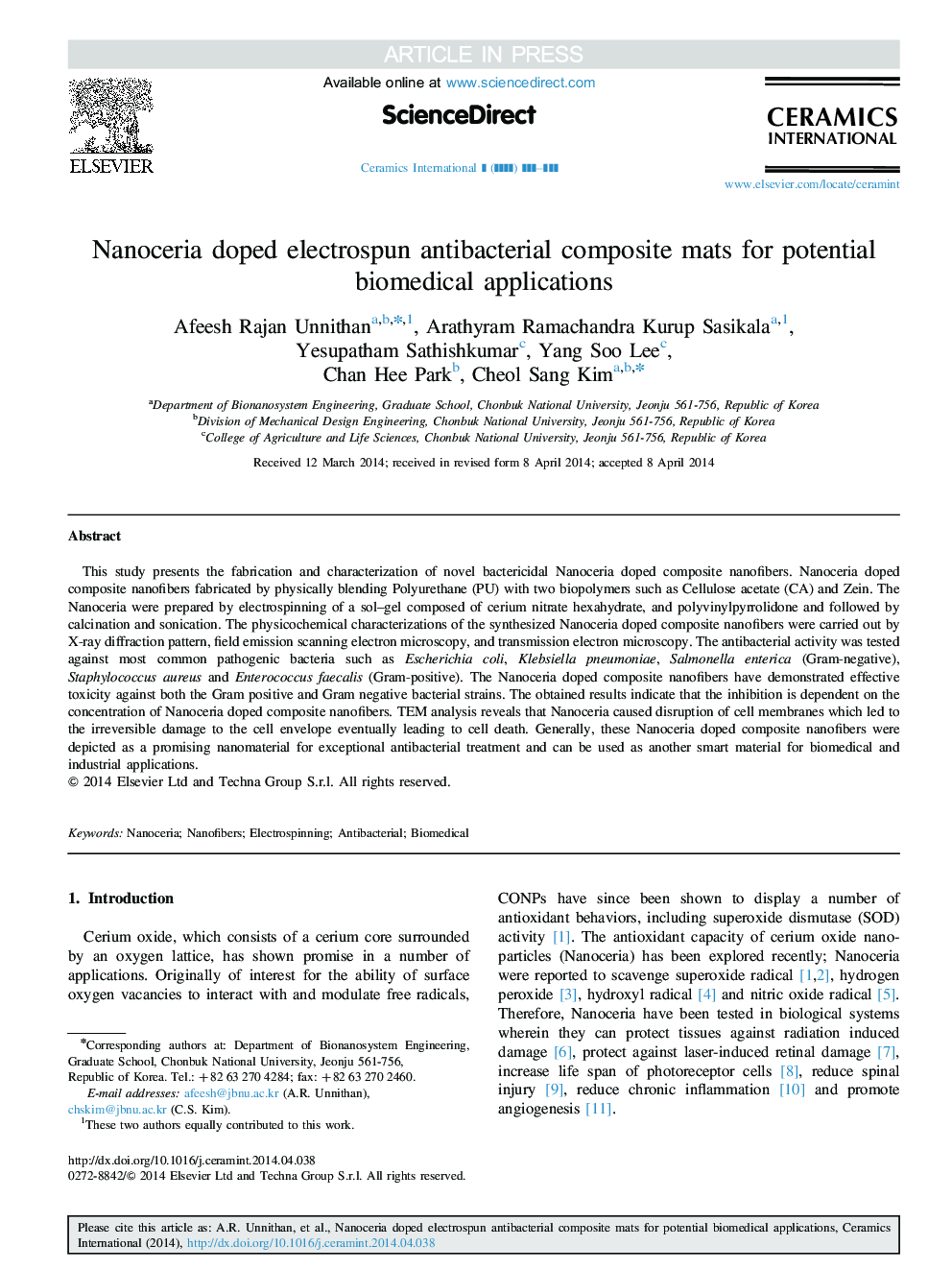 Nanoceria doped electrospun antibacterial composite mats for potential biomedical applications