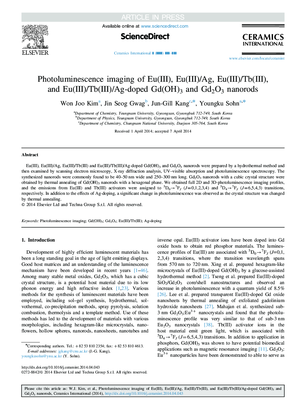 Photoluminescence imaging of Eu(III), Eu(III)/Ag, Eu(III)/Tb(III), and Eu(III)/Tb(III)/Ag-doped Gd(OH)3 and Gd2O3 nanorods