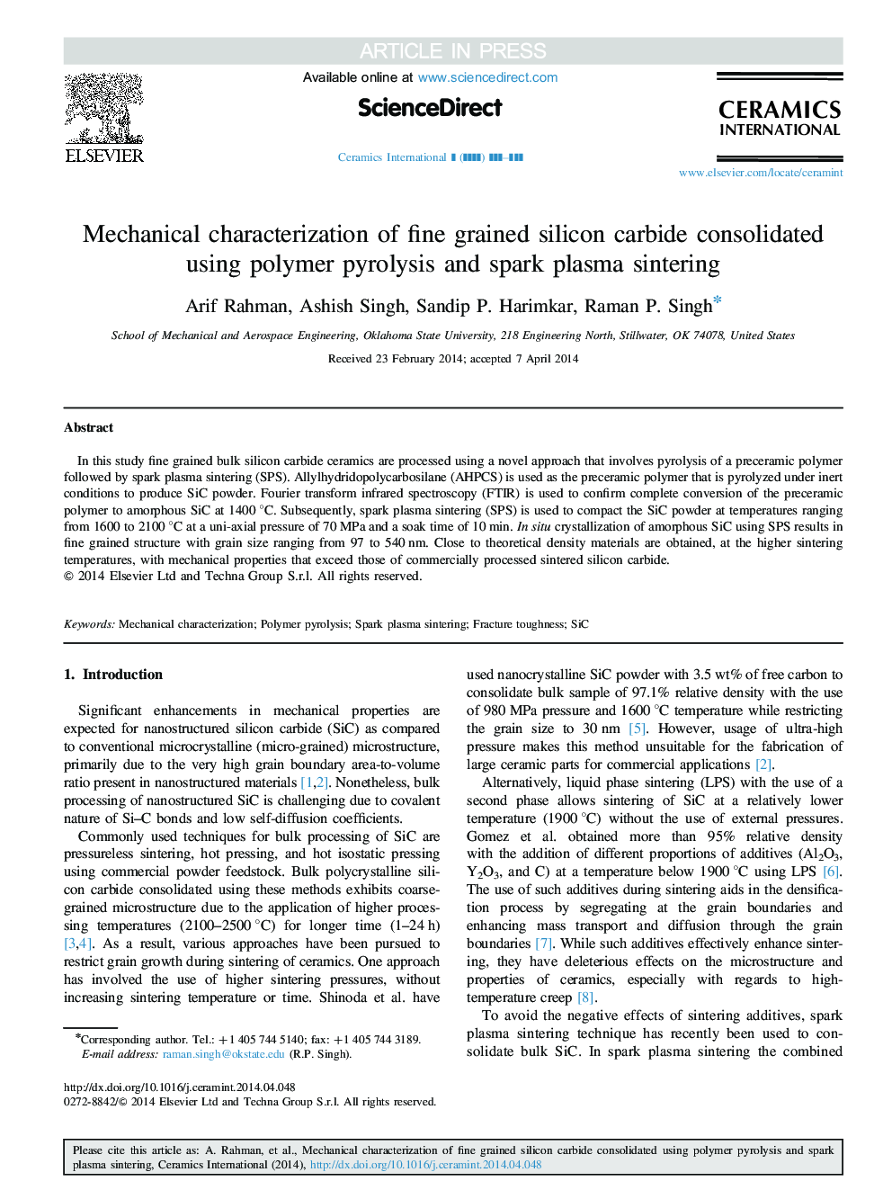 Mechanical characterization of fine grained silicon carbide consolidated using polymer pyrolysis and spark plasma sintering