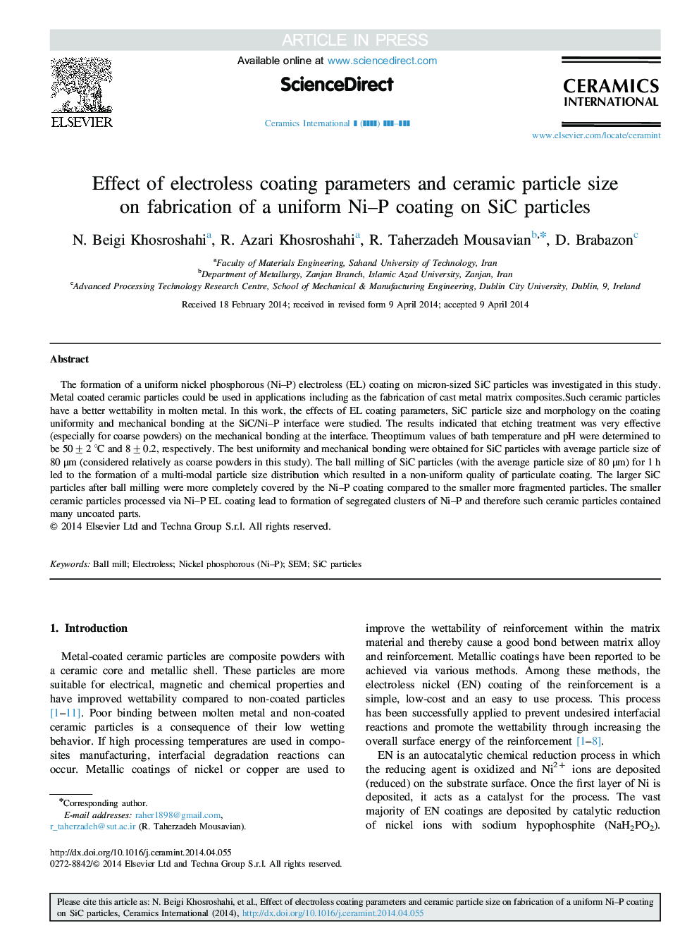 Effect of electroless coating parameters and ceramic particle size on fabrication of a uniform Ni-P coating on SiC particles