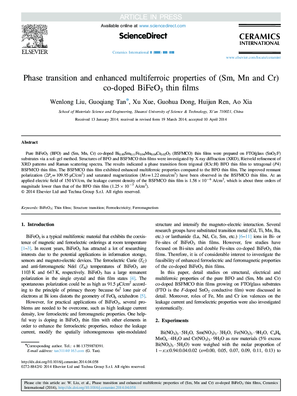 Phase transition and enhanced multiferroic properties of (Sm, Mn and Cr) co-doped BiFeO3 thin films